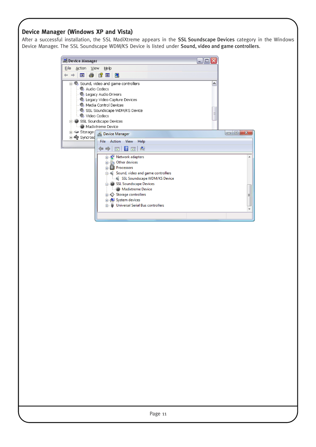 Solid State Logic MadiXtreme manual Device Manager Windows XP and Vista 