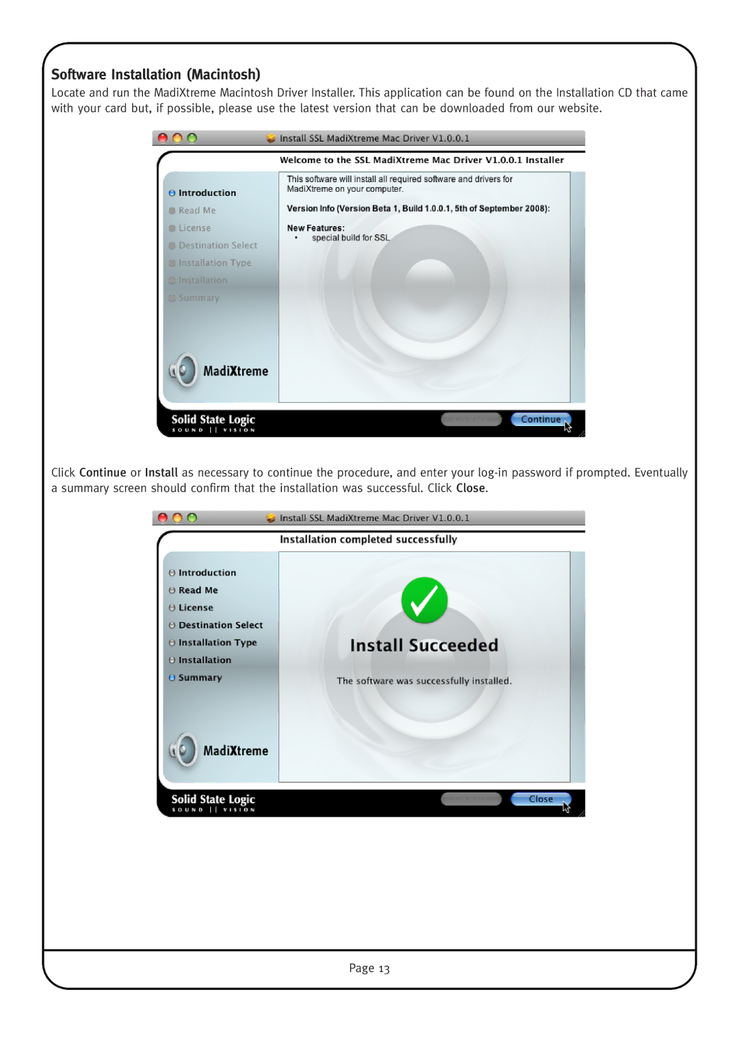 Solid State Logic MadiXtreme manual Software Installation Macintosh 