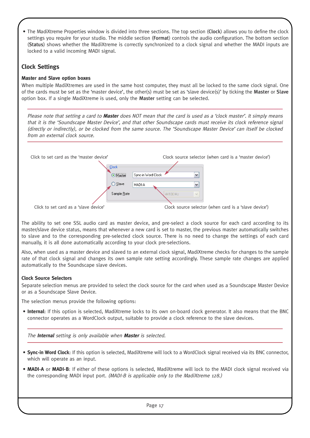 Solid State Logic MadiXtreme manual Clock Settings, Master and Slave option boxes, Clock Source Selectors 