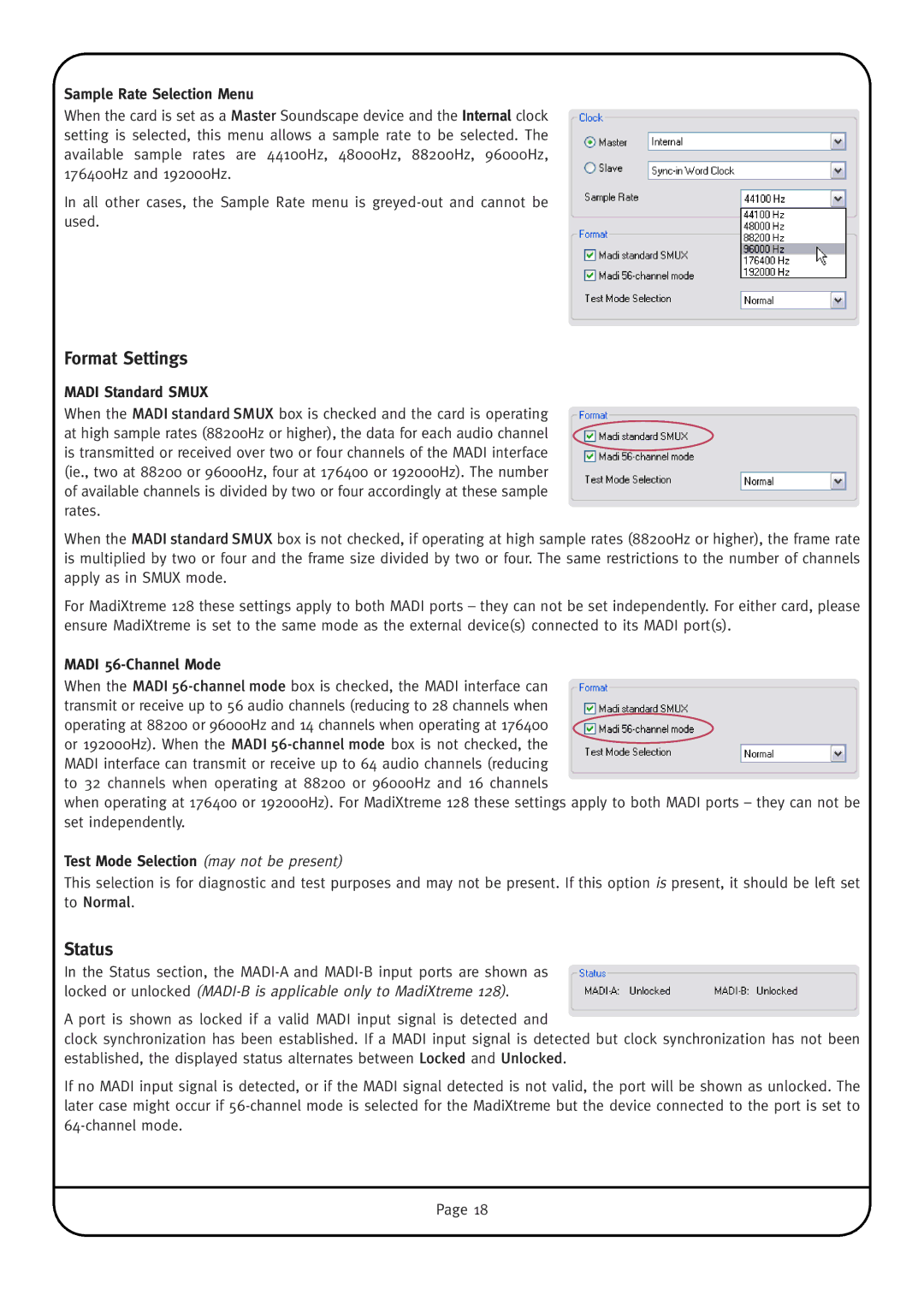 Solid State Logic MadiXtreme manual Format Settings, Status 