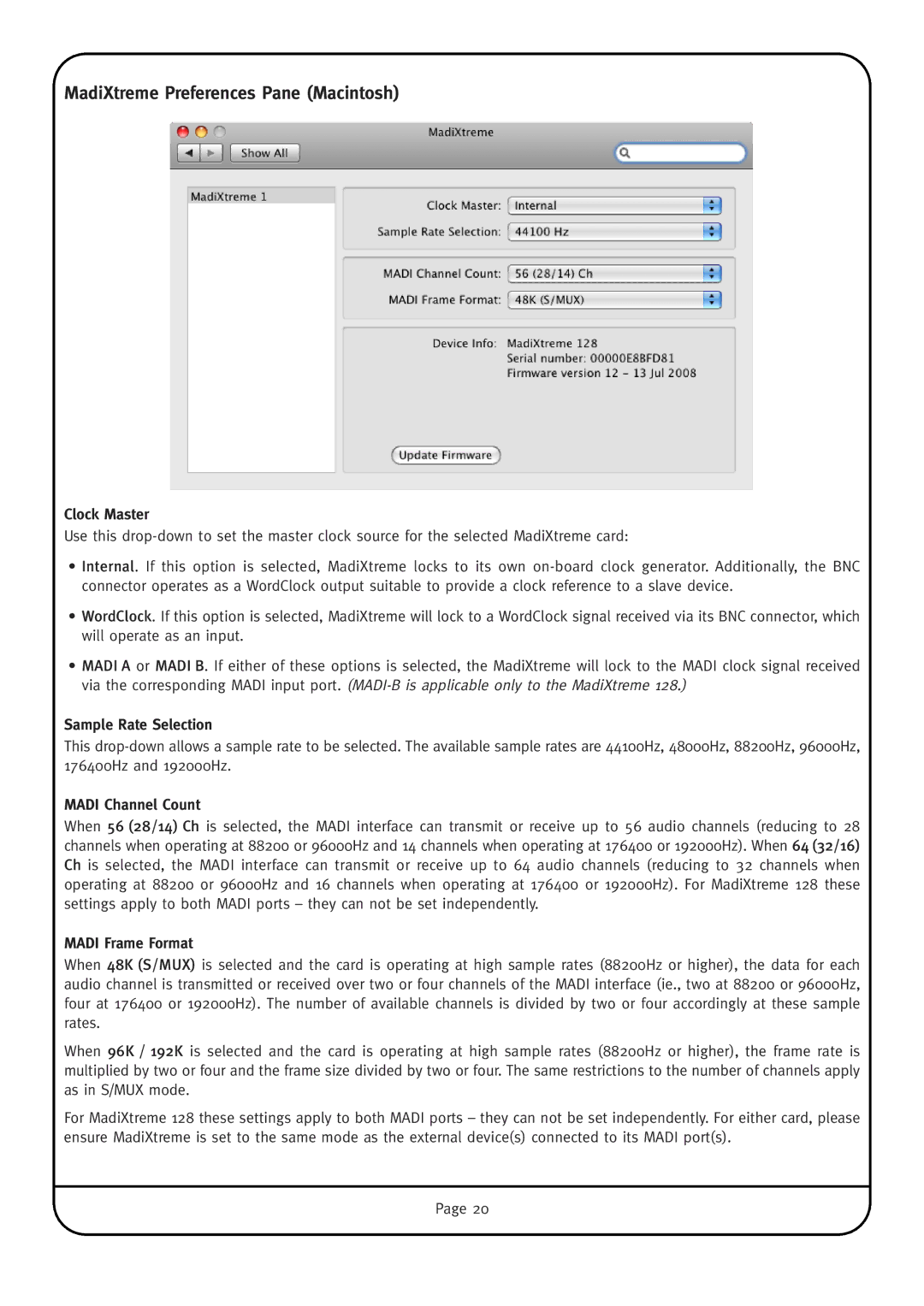 Solid State Logic manual MadiXtreme Preferences Pane Macintosh, Clock Master, Sample Rate Selection, Madi Channel Count 