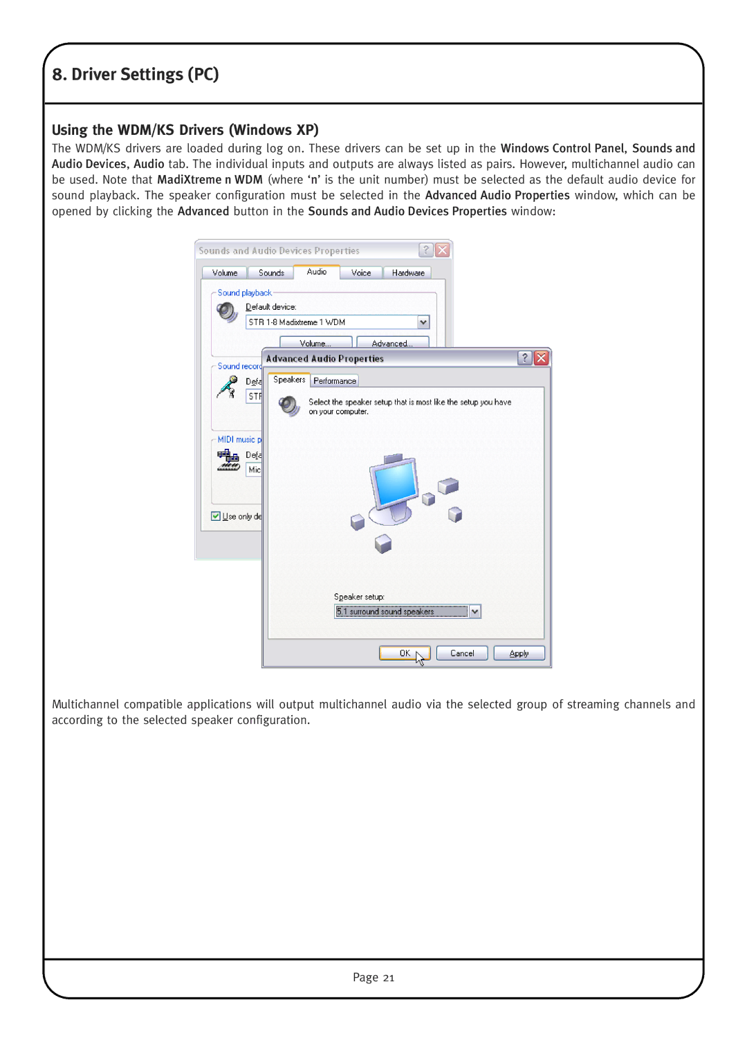 Solid State Logic MadiXtreme manual Driver Settings PC, Using the WDM/KS Drivers Windows XP 