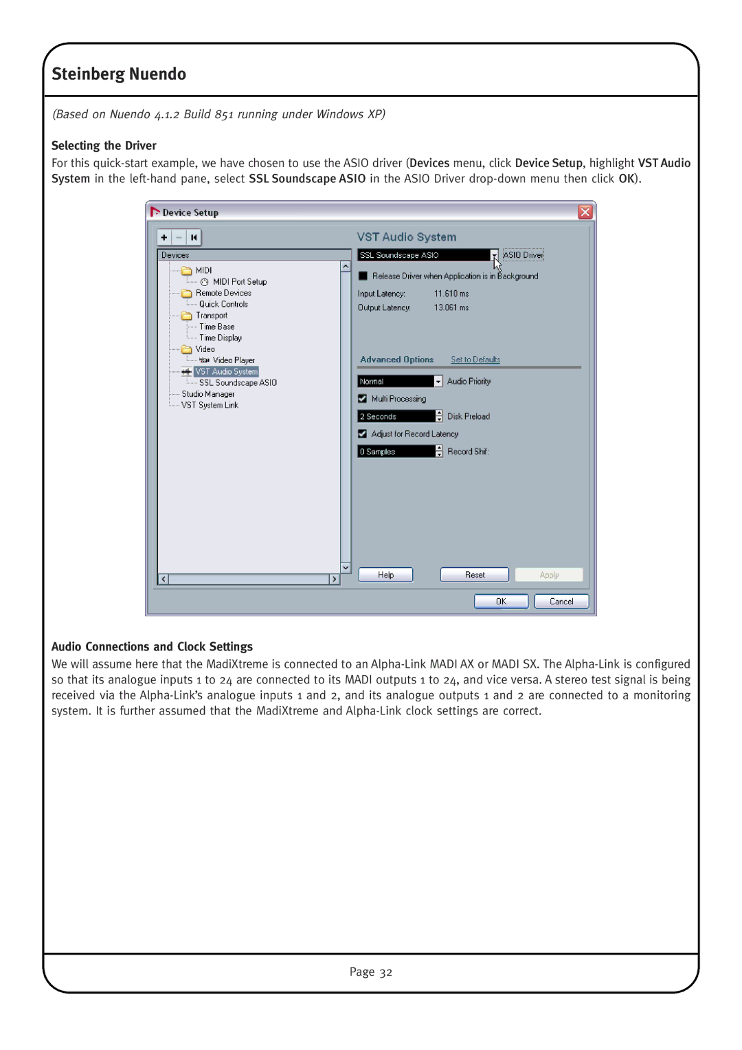 Solid State Logic MadiXtreme manual Steinberg Nuendo, Selecting the Driver, Audio Connections and Clock Settings 