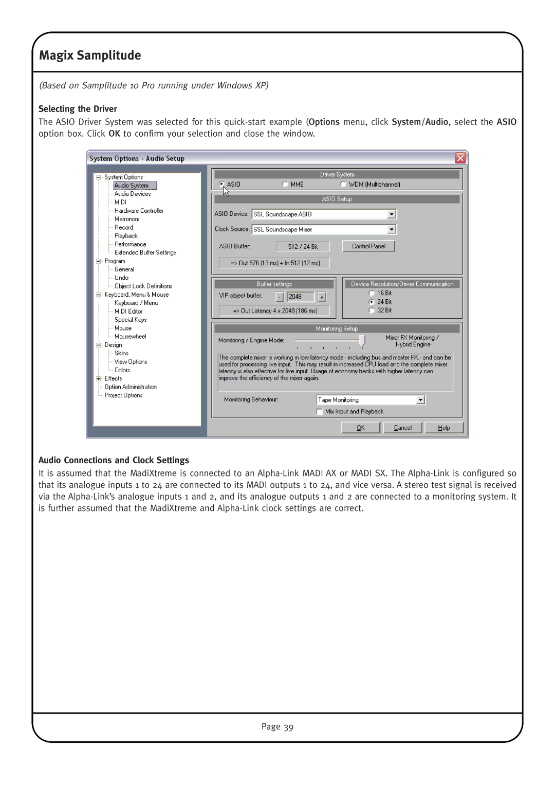 Solid State Logic MadiXtreme manual Magix Samplitude, Selecting the Driver 