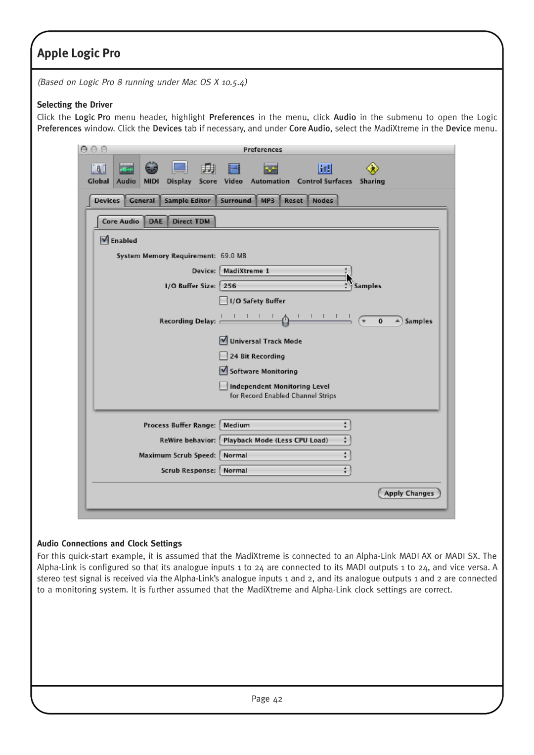 Solid State Logic MadiXtreme manual Apple Logic Pro, Selecting the Driver 