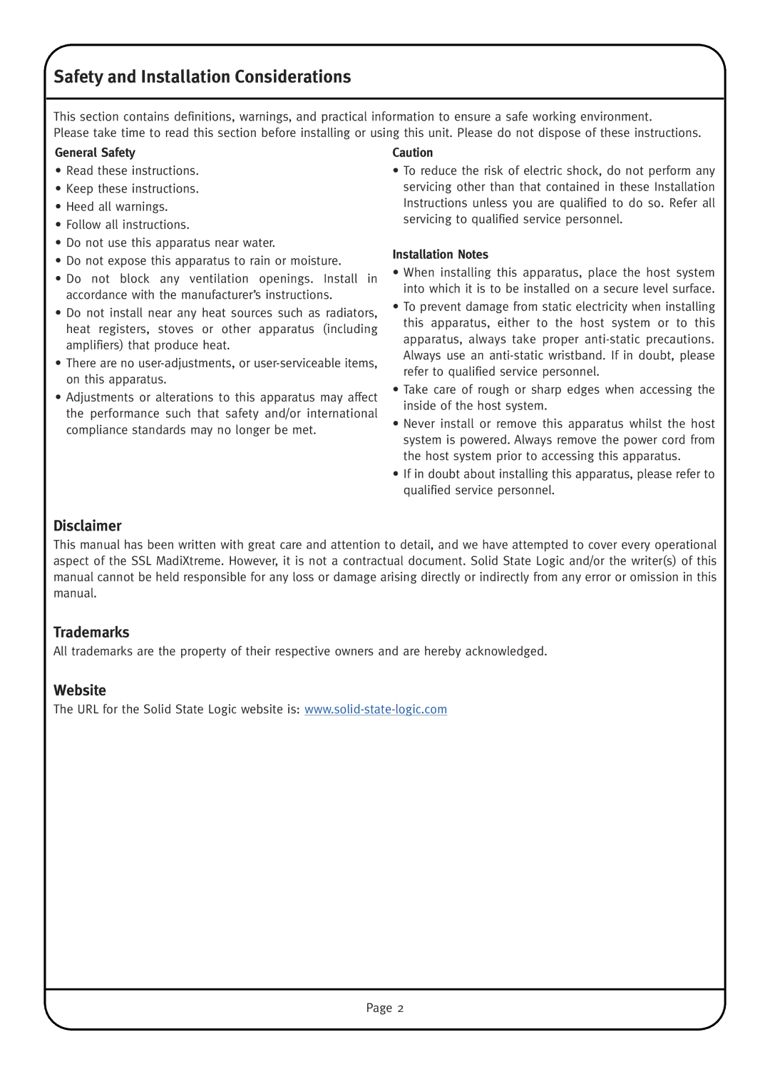 Solid State Logic MadiXtreme manual Safety and Installation Considerations, Disclaimer, Trademarks, Website 