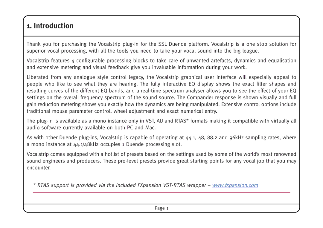 Solid State Logic Vocalstrip manual Introduction 