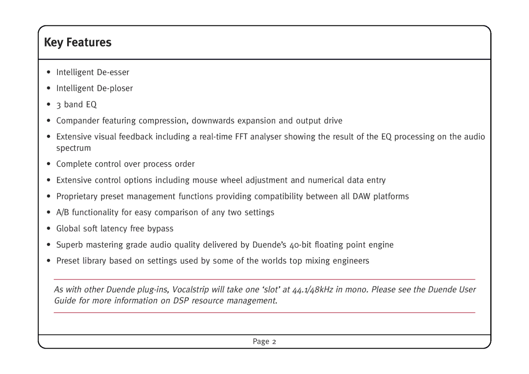 Solid State Logic Vocalstrip manual Key Features 