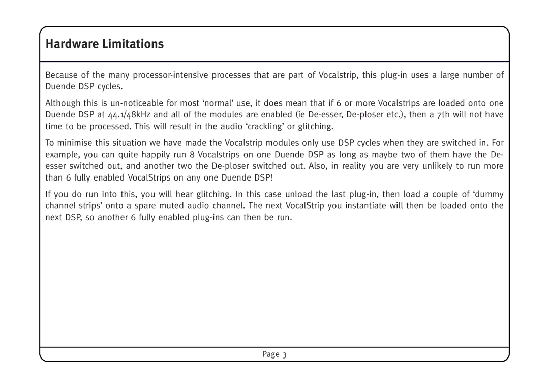 Solid State Logic Vocalstrip manual Hardware Limitations 