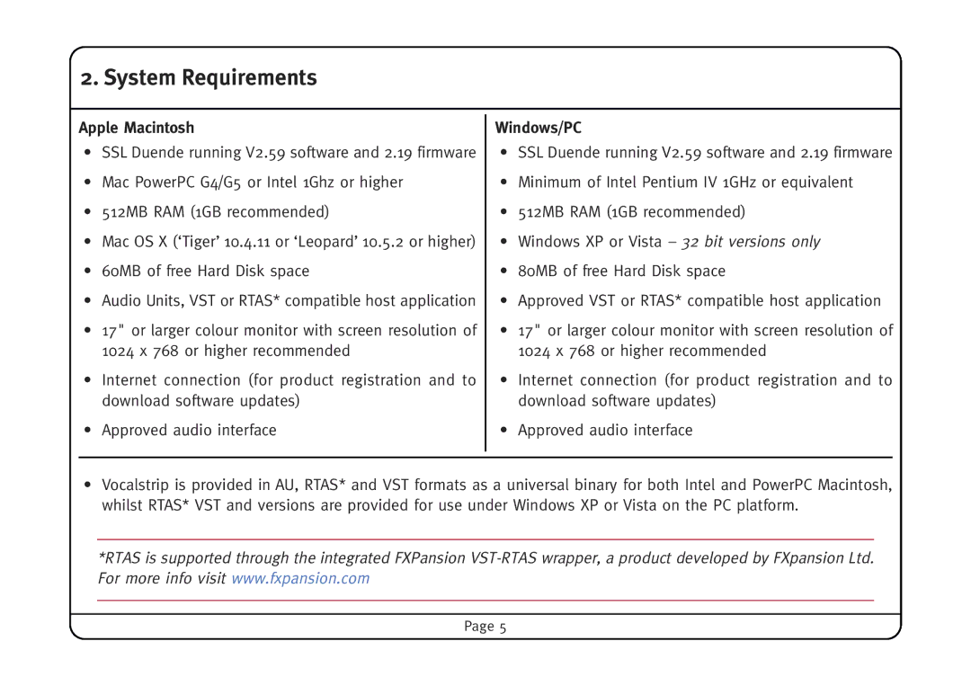 Solid State Logic Vocalstrip manual System Requirements, Apple Macintosh, Windows/PC 