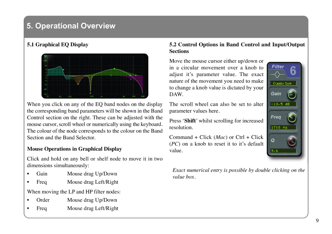 Solid State Logic X-EQ manual Operational Overview, Graphical EQ Display, Mouse Operations in Graphical Display 