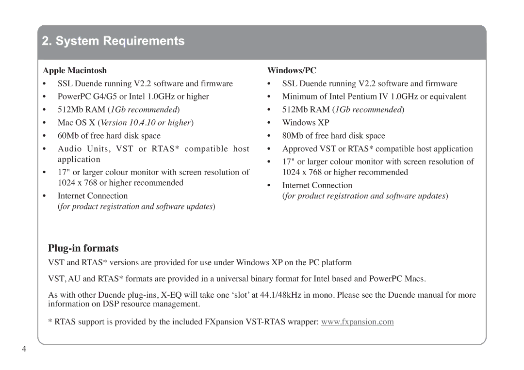 Solid State Logic X-EQ manual System Requirements, Apple Macintosh, Windows/PC 