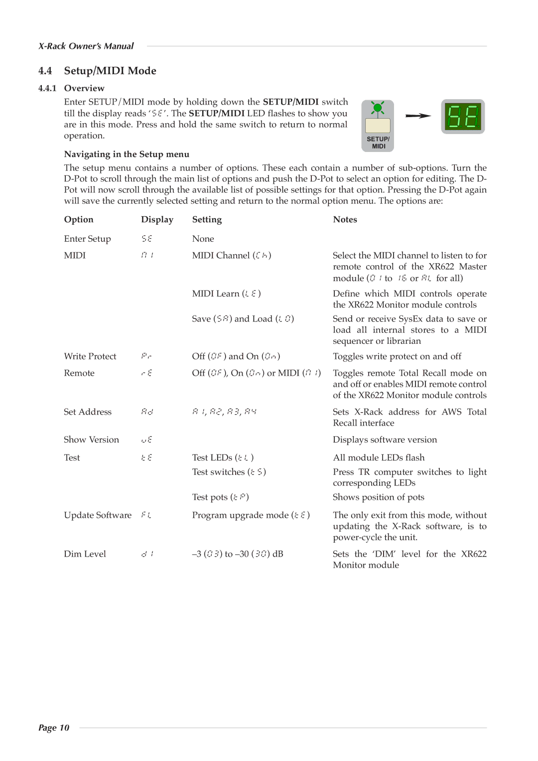 Solid State Logic X-Logic Series Setup/MIDI Mode, Overview, Navigating in the Setup menu, Option Display Setting 