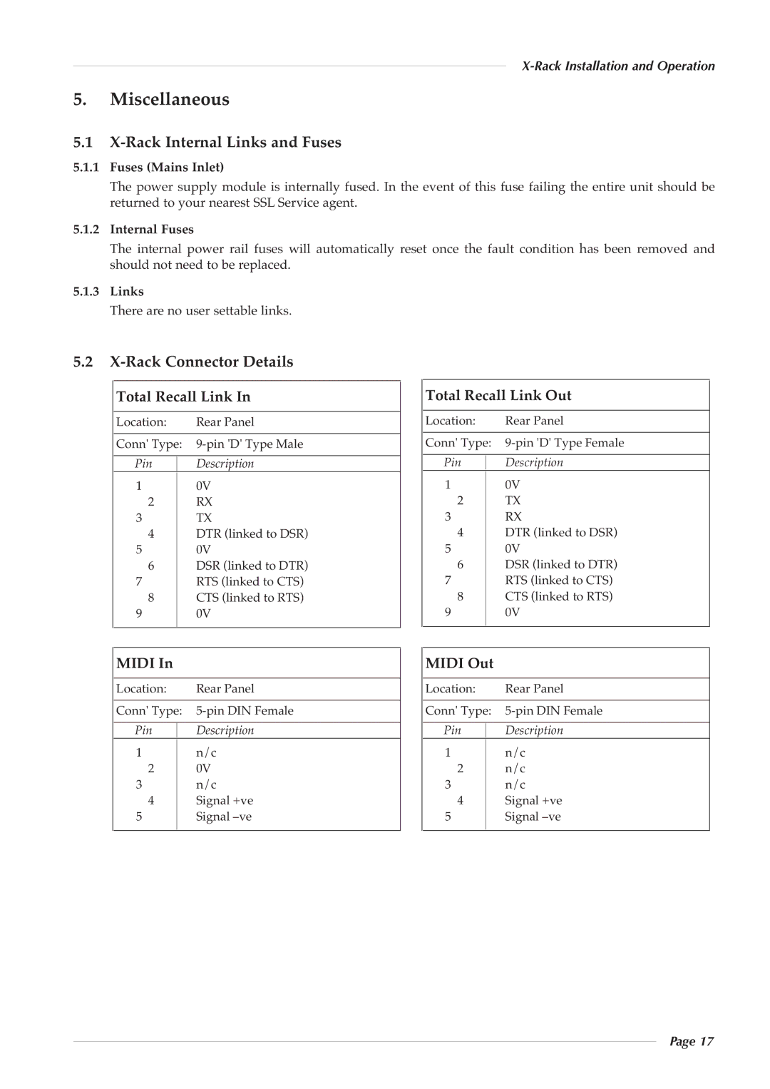 Solid State Logic X-Logic Series owner manual Miscellaneous, Rack Internal Links and Fuses, Rack Connector Details 