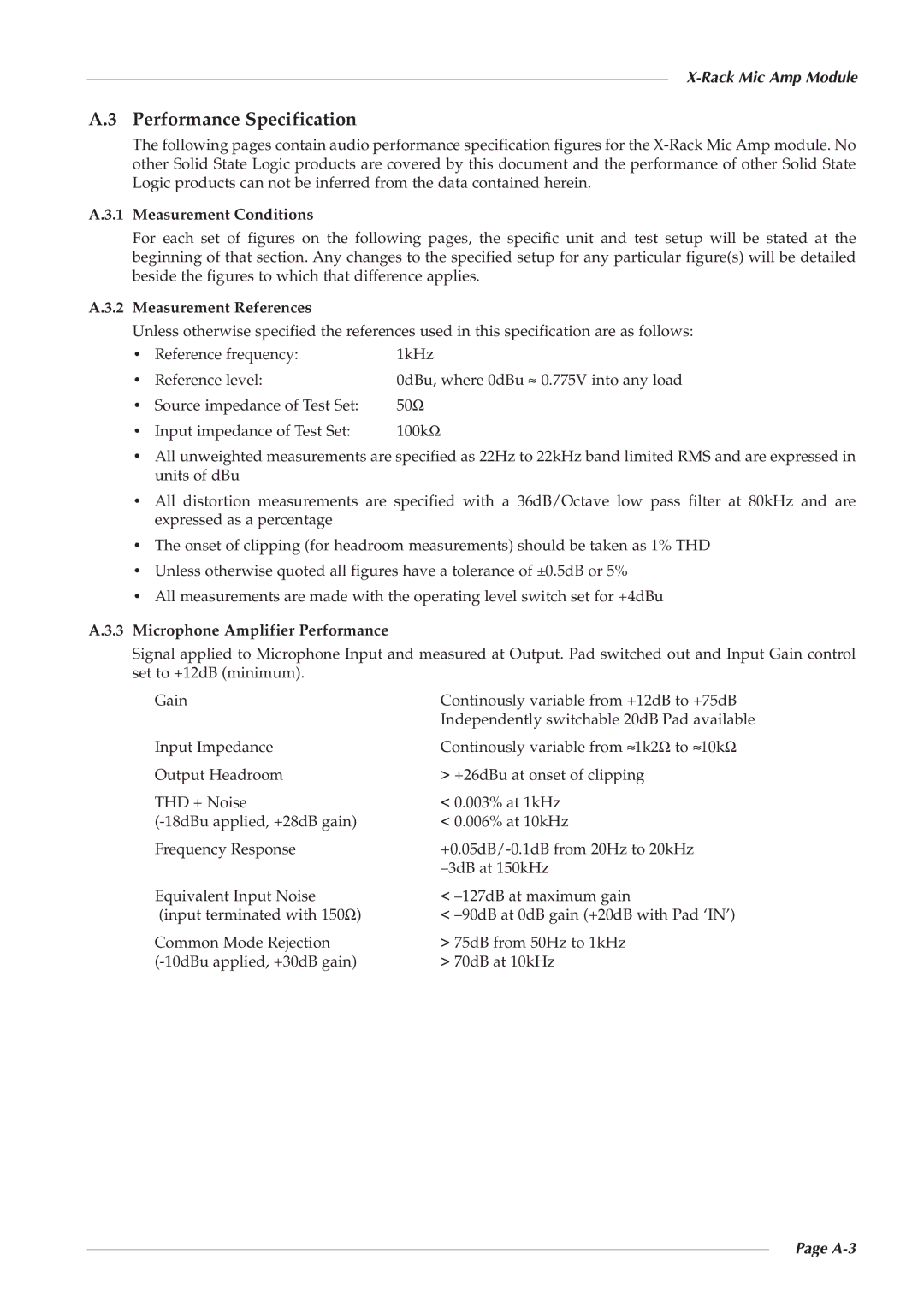 Solid State Logic X-Logic Series Measurement Conditions, Measurement References, Microphone Amplifier Performance, A-3 