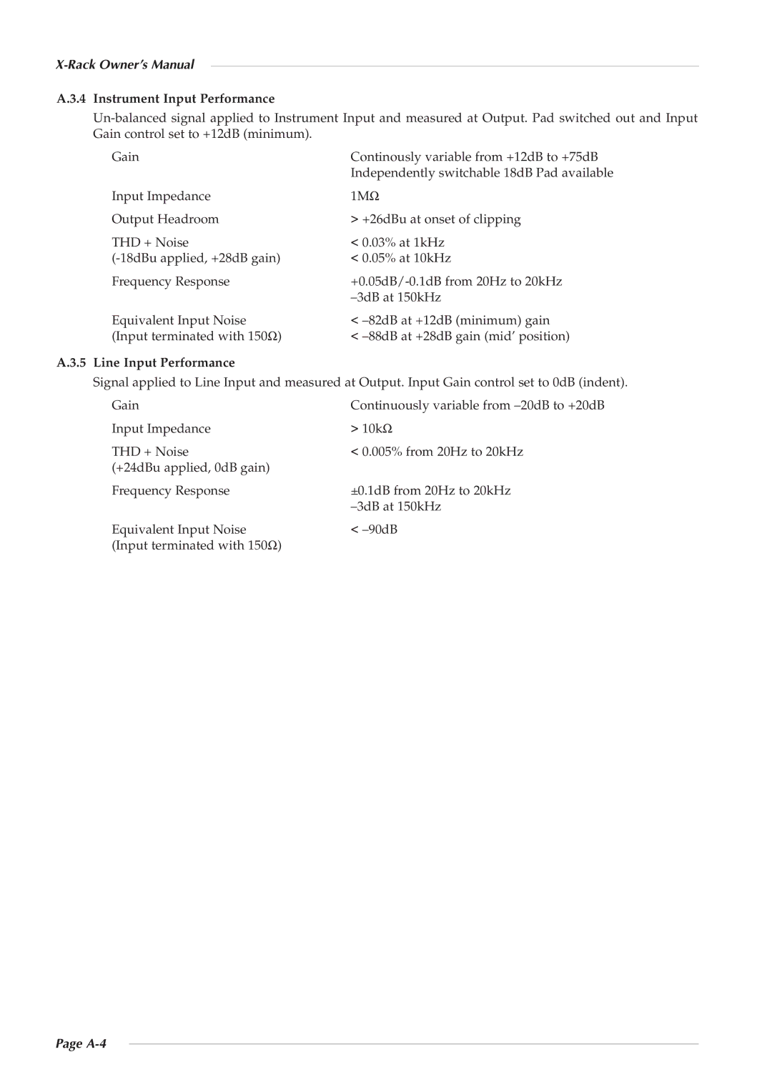 Solid State Logic X-Logic Series owner manual Instrument Input Performance, Line Input Performance, A-4 