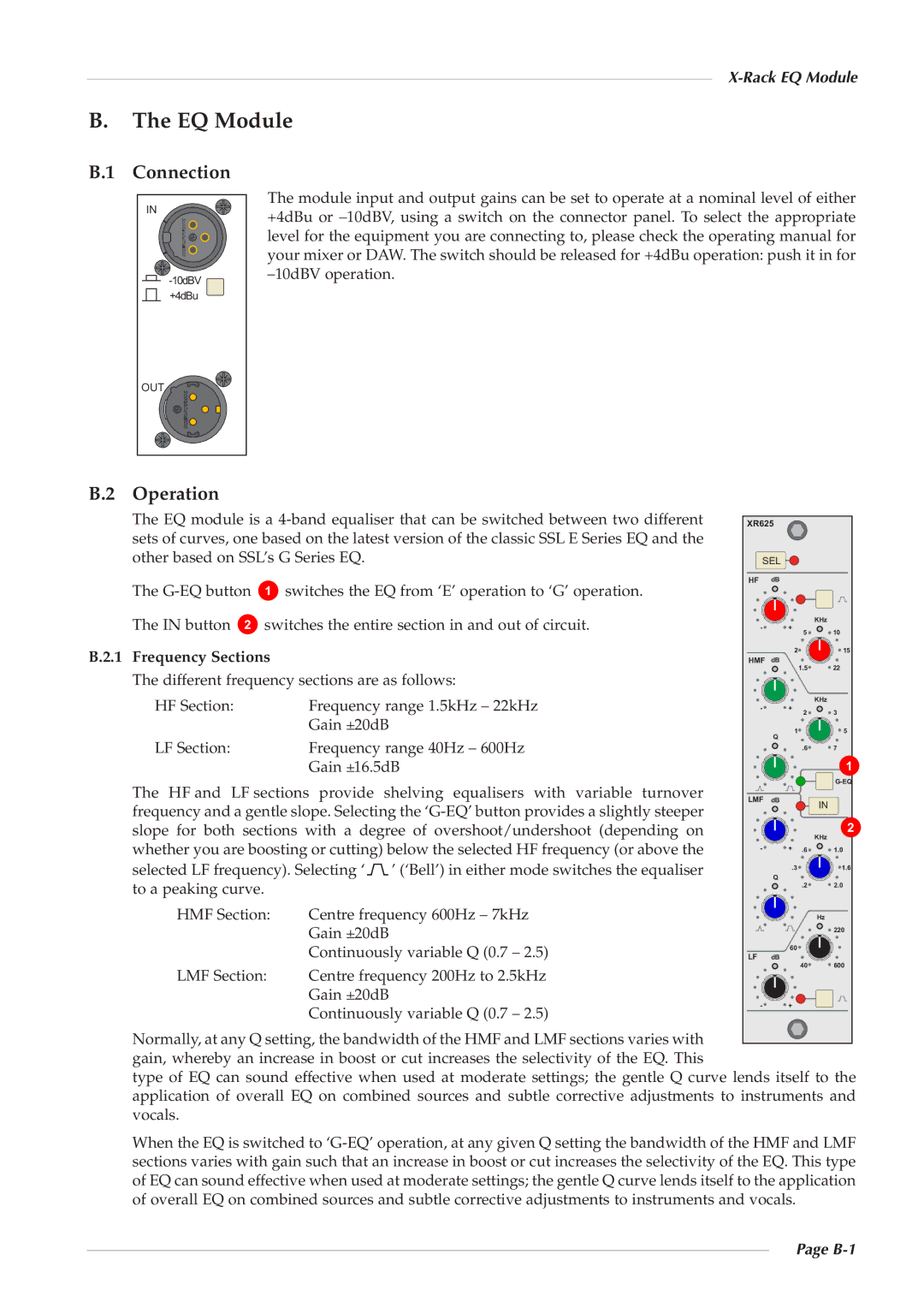 Solid State Logic X-Logic Series owner manual Rack EQ Module, Frequency Sections, B-1 