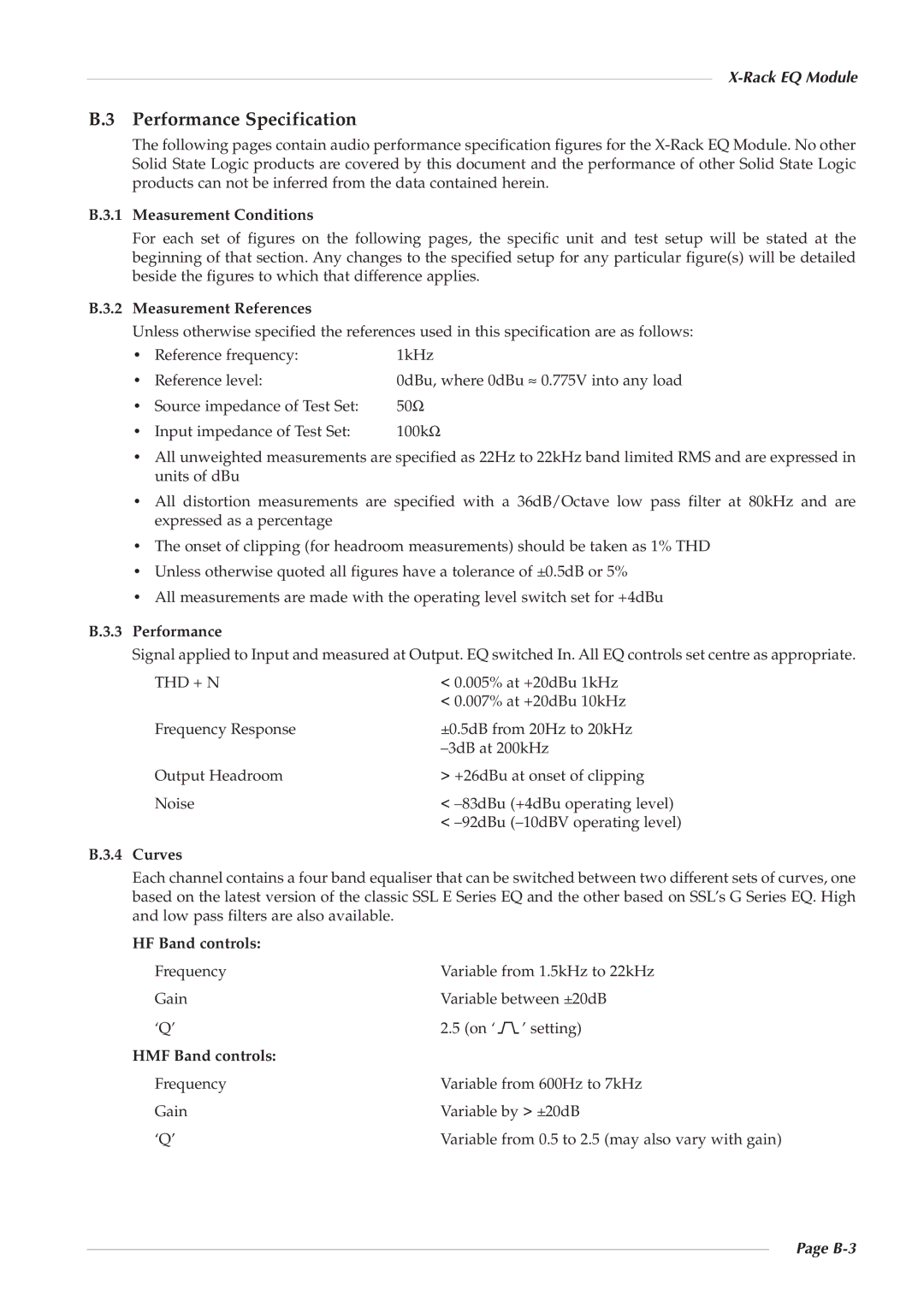 Solid State Logic X-Logic Series owner manual Performance, Curves, HF Band controls, HMF Band controls, B-3 