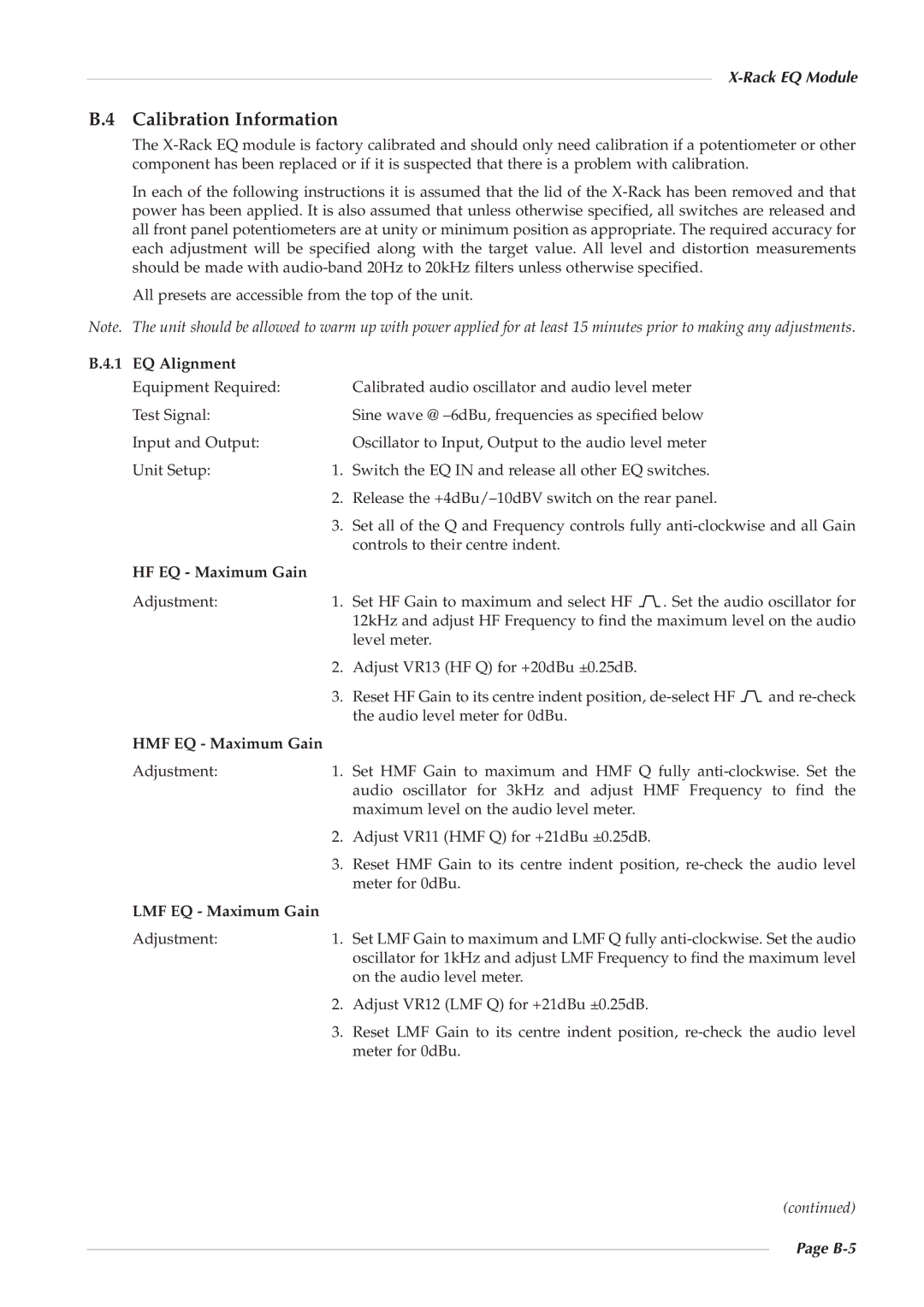 Solid State Logic X-Logic Series EQ Alignment, HF EQ Maximum Gain, HMF EQ Maximum Gain, LMF EQ Maximum Gain, B-5 