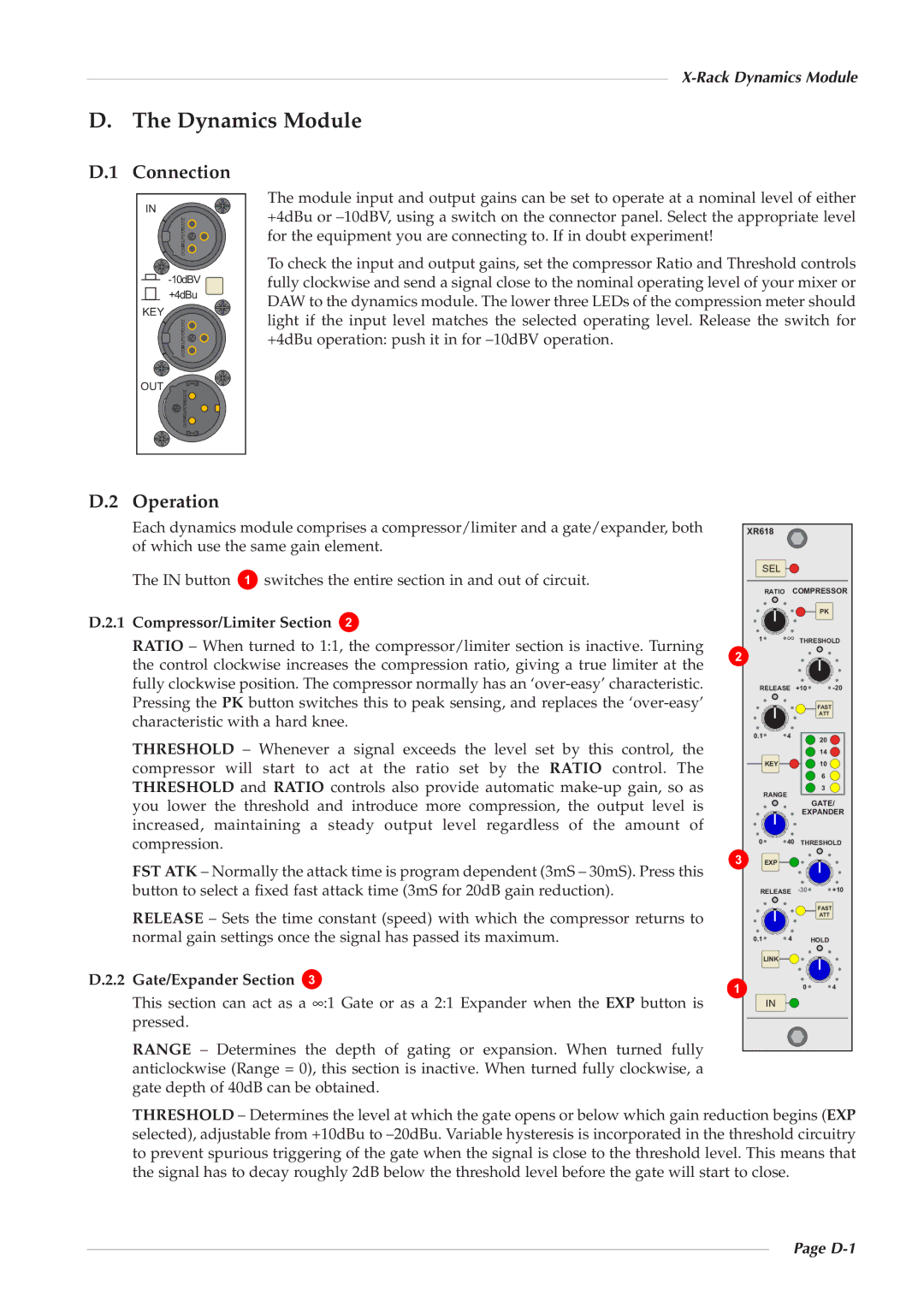 Solid State Logic X-Logic Series owner manual Rack Dynamics Module, Compressor/Limiter Section, Gate/Expander Section, D-1 