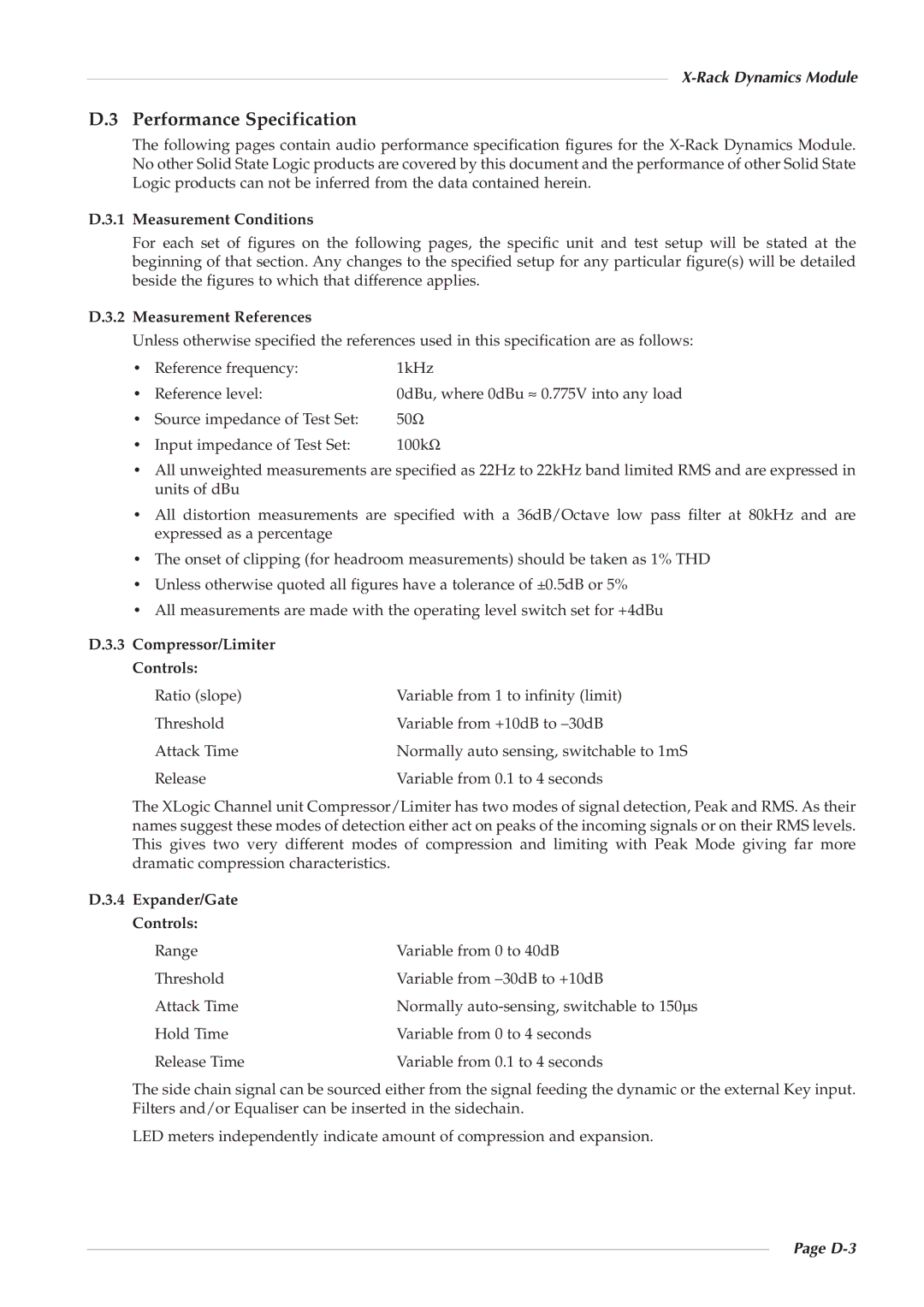 Solid State Logic X-Logic Series owner manual Compressor/Limiter Controls, Expander/Gate Controls, D-3 