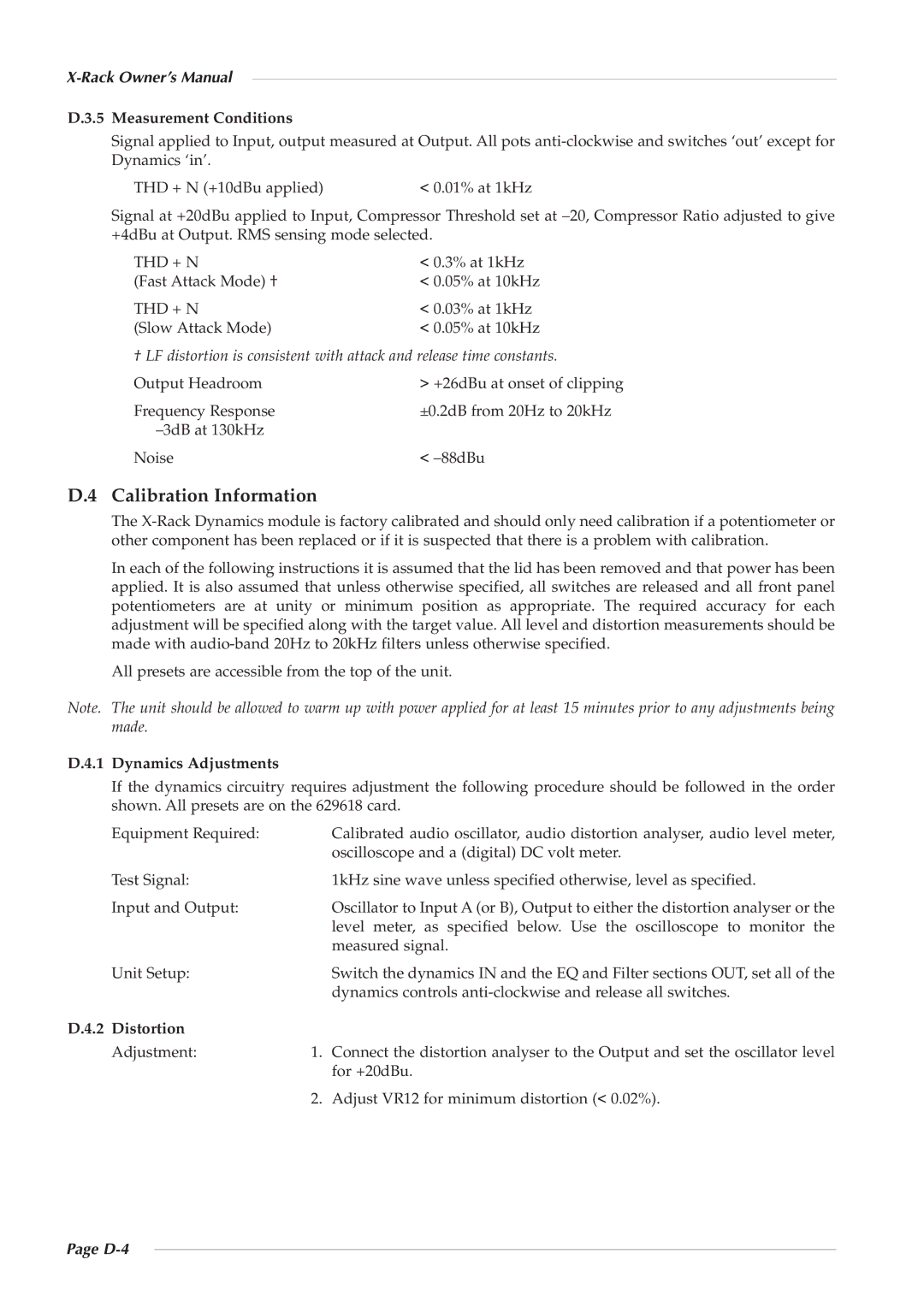 Solid State Logic X-Logic Series owner manual Dynamics Adjustments, Distortion, D-4 