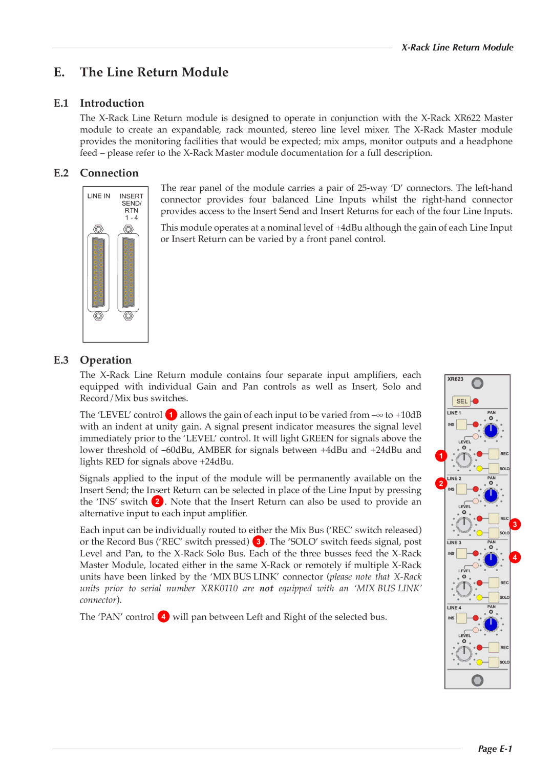 Solid State Logic X-Logic Series owner manual Introduction, Operation, Rack Line Return Module, E-1 