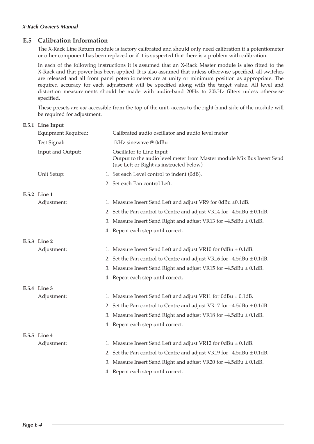 Solid State Logic X-Logic Series owner manual Calibration Information, Line Input, E-4 