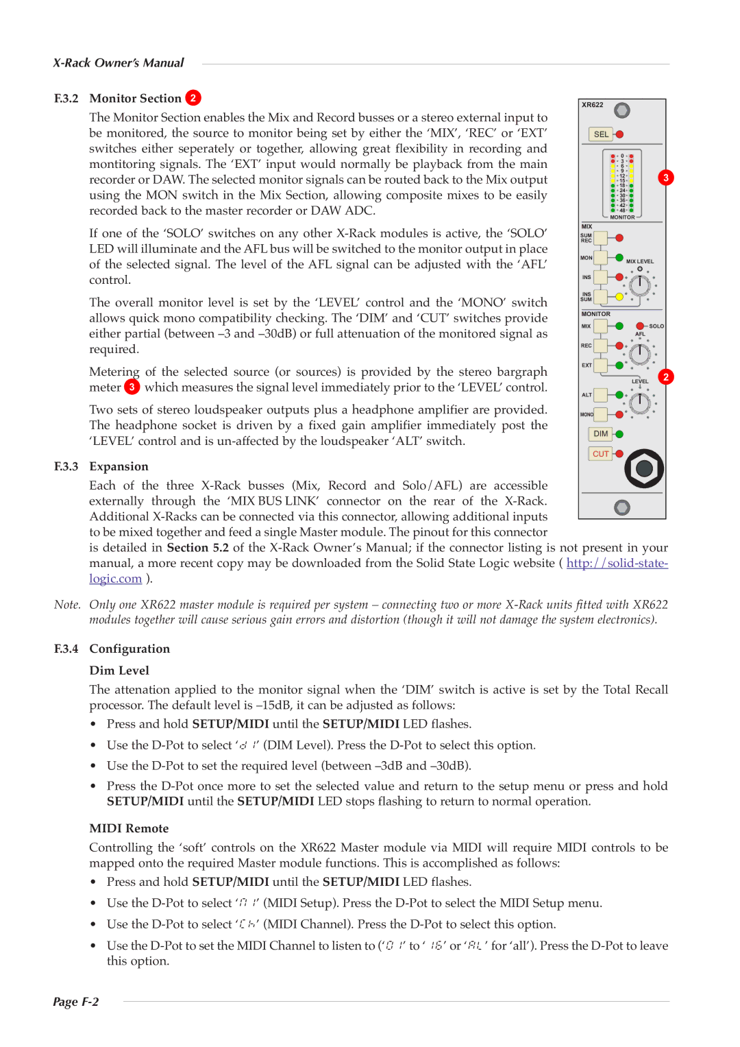 Solid State Logic X-Logic Series owner manual Monitor Section, Expansion, Configuration Dim Level, Midi Remote, F-2 