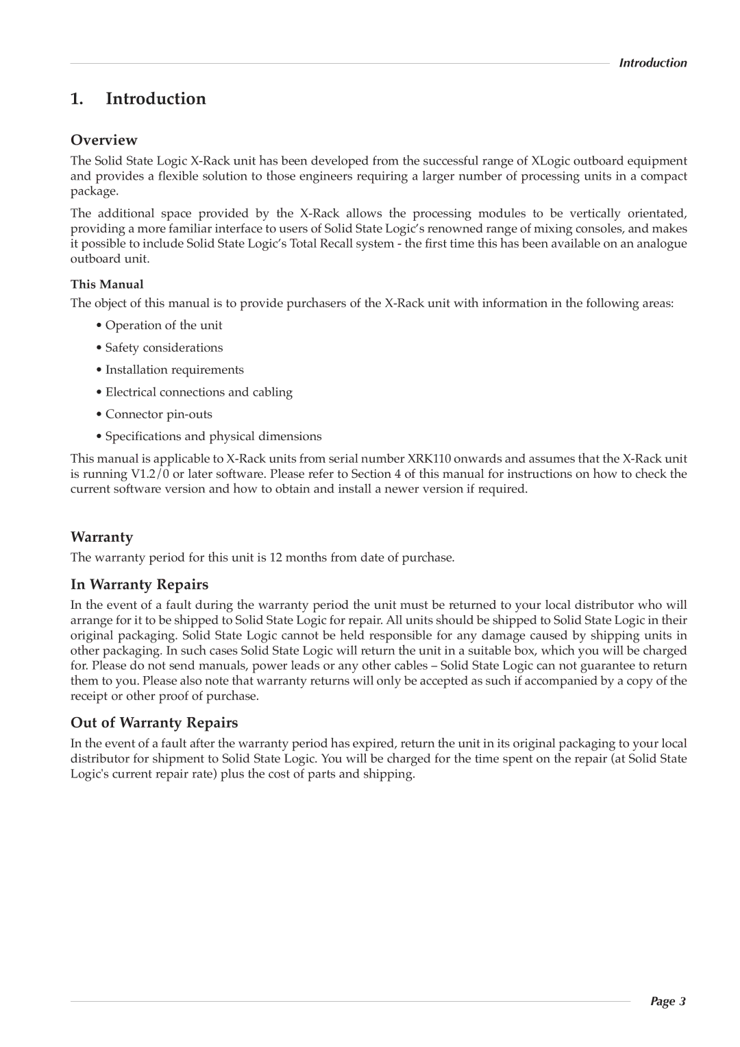 Solid State Logic X-Logic Series owner manual Introduction, Overview, Out of Warranty Repairs 