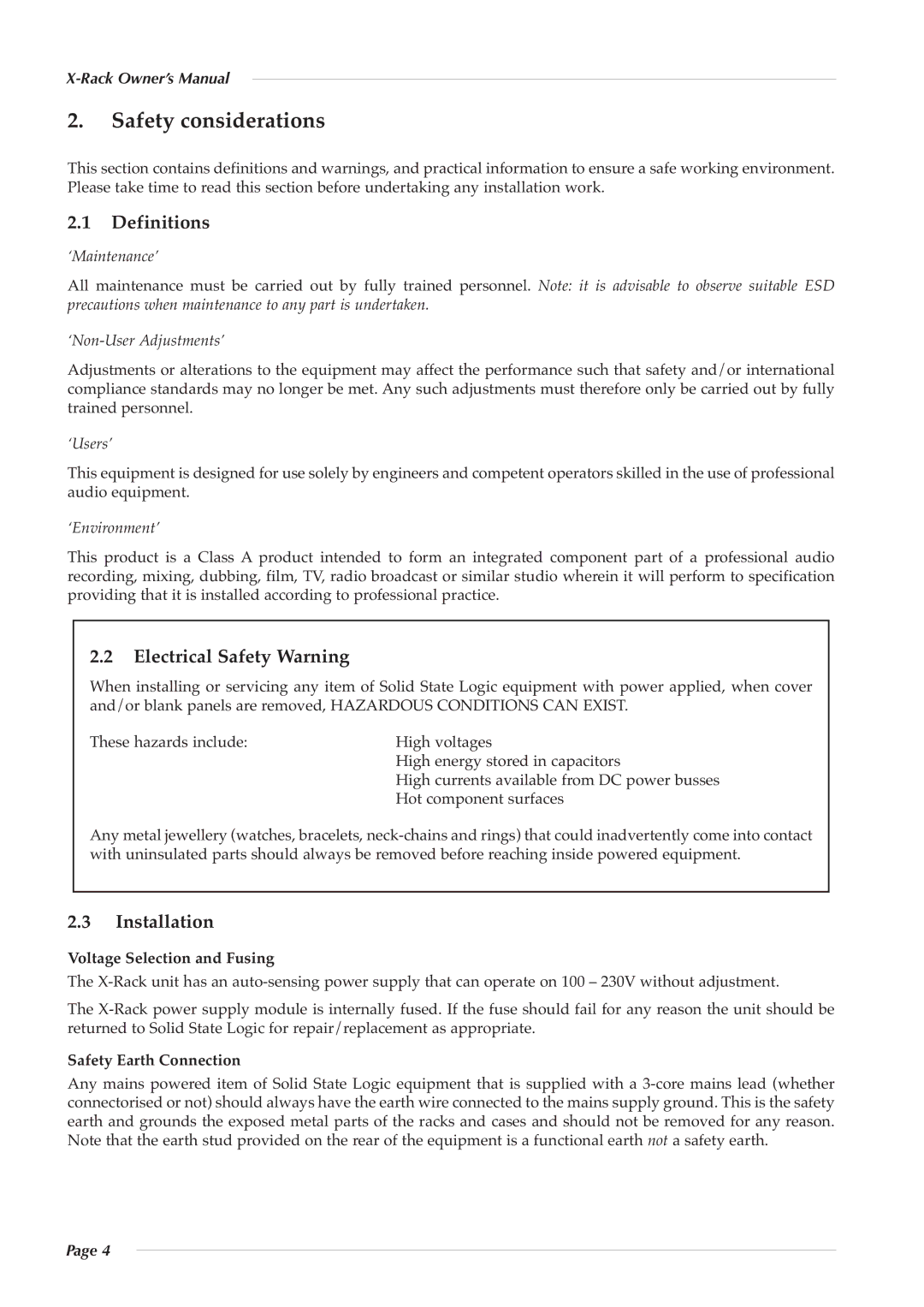 Solid State Logic X-Logic Series owner manual Safety considerations, Definitions, Electrical Safety Warning, Installation 