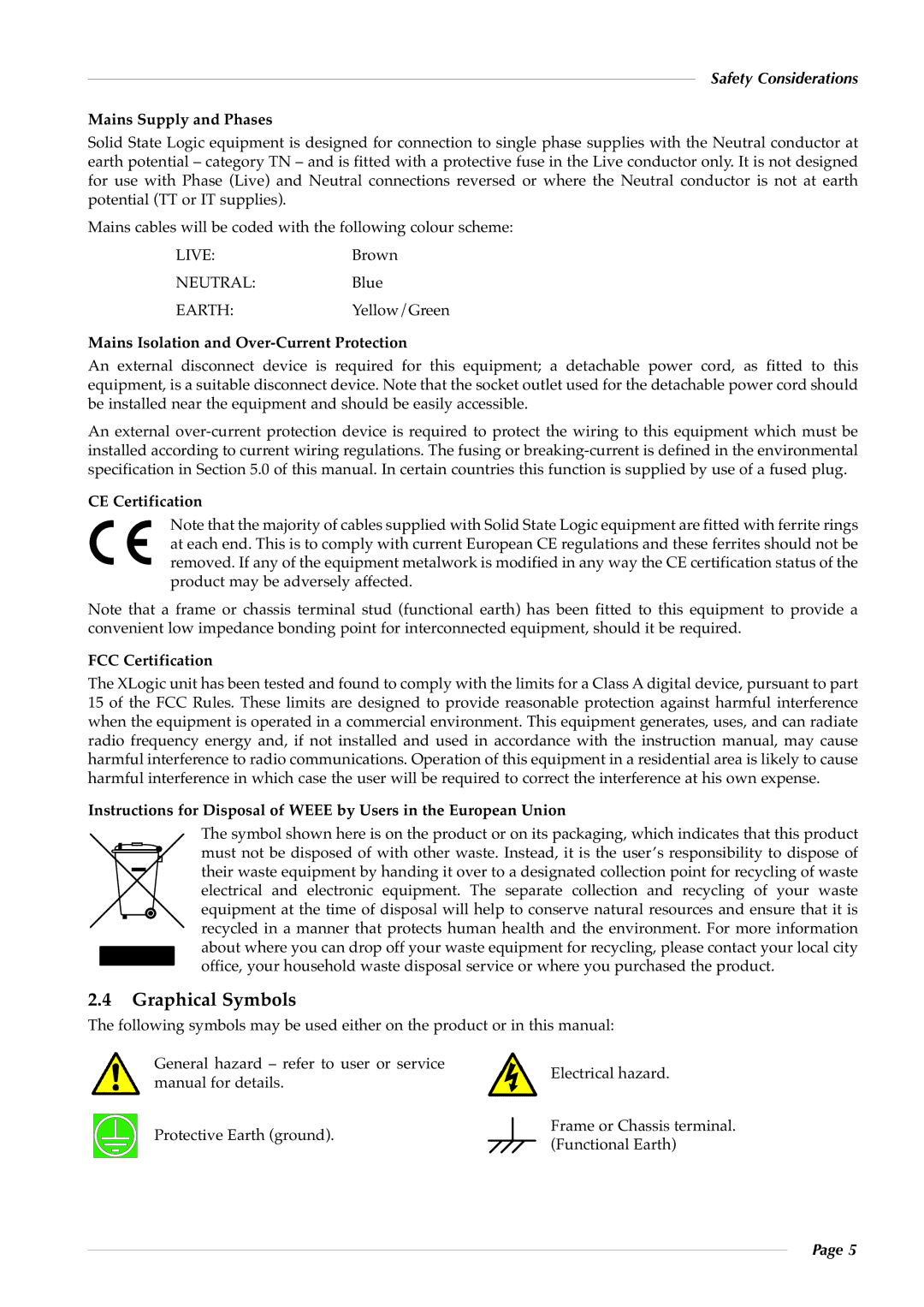 Solid State Logic X-Logic Series owner manual Graphical Symbols, Safety Considerations, Mains Supply and Phases 