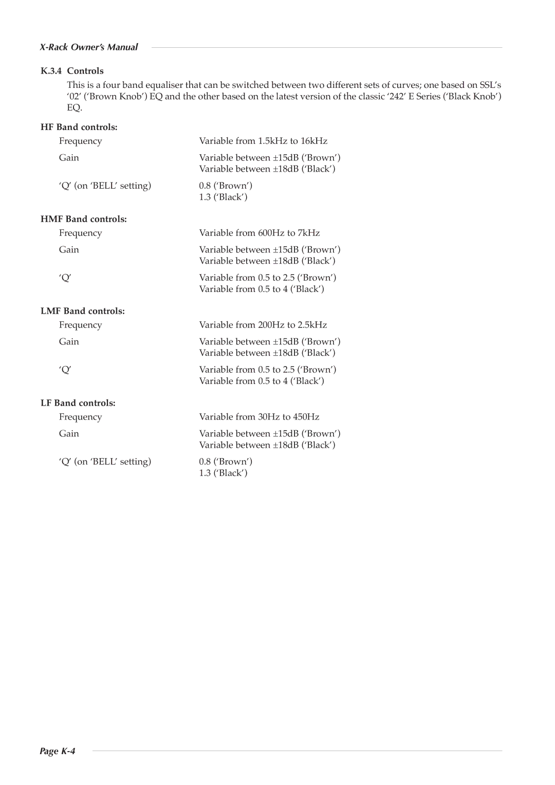 Solid State Logic X-Rack E Series Controls, HF Band controls, HMF Band controls, LMF Band controls, LF Band controls 