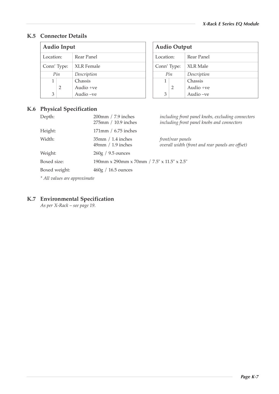 Solid State Logic X-Rack E Series owner manual Connector Details Audio Input, Audio Output, Physical Specification 