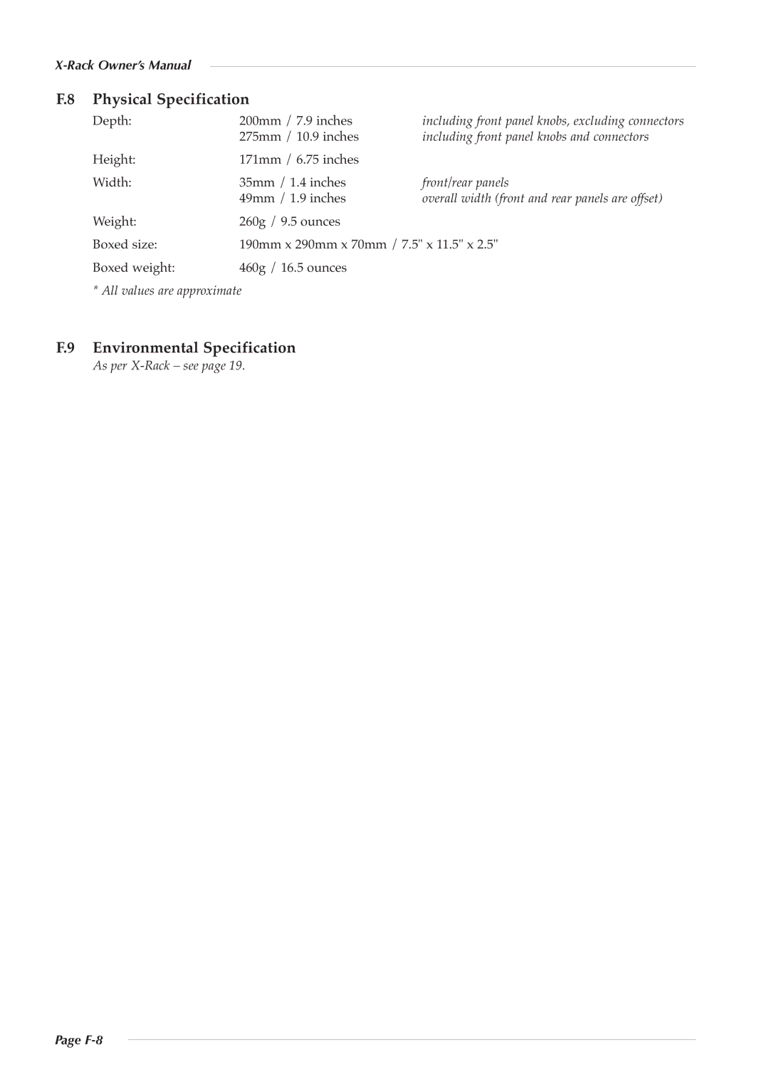 Solid State Logic XR622 owner manual Physical Specification, Environmental Specification 