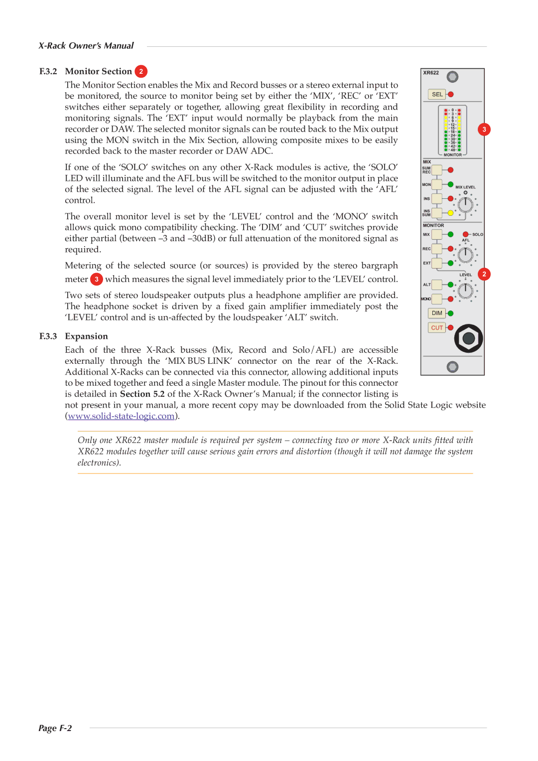 Solid State Logic XR622 owner manual Monitor Section, Expansion 