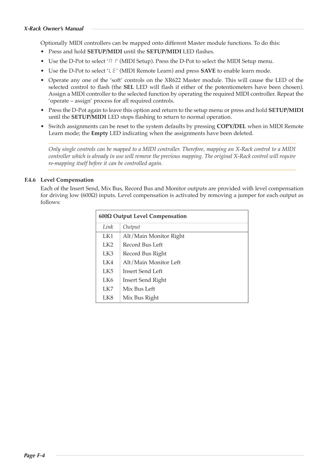 Solid State Logic XR622 owner manual 600Ω Output Level Compensation 