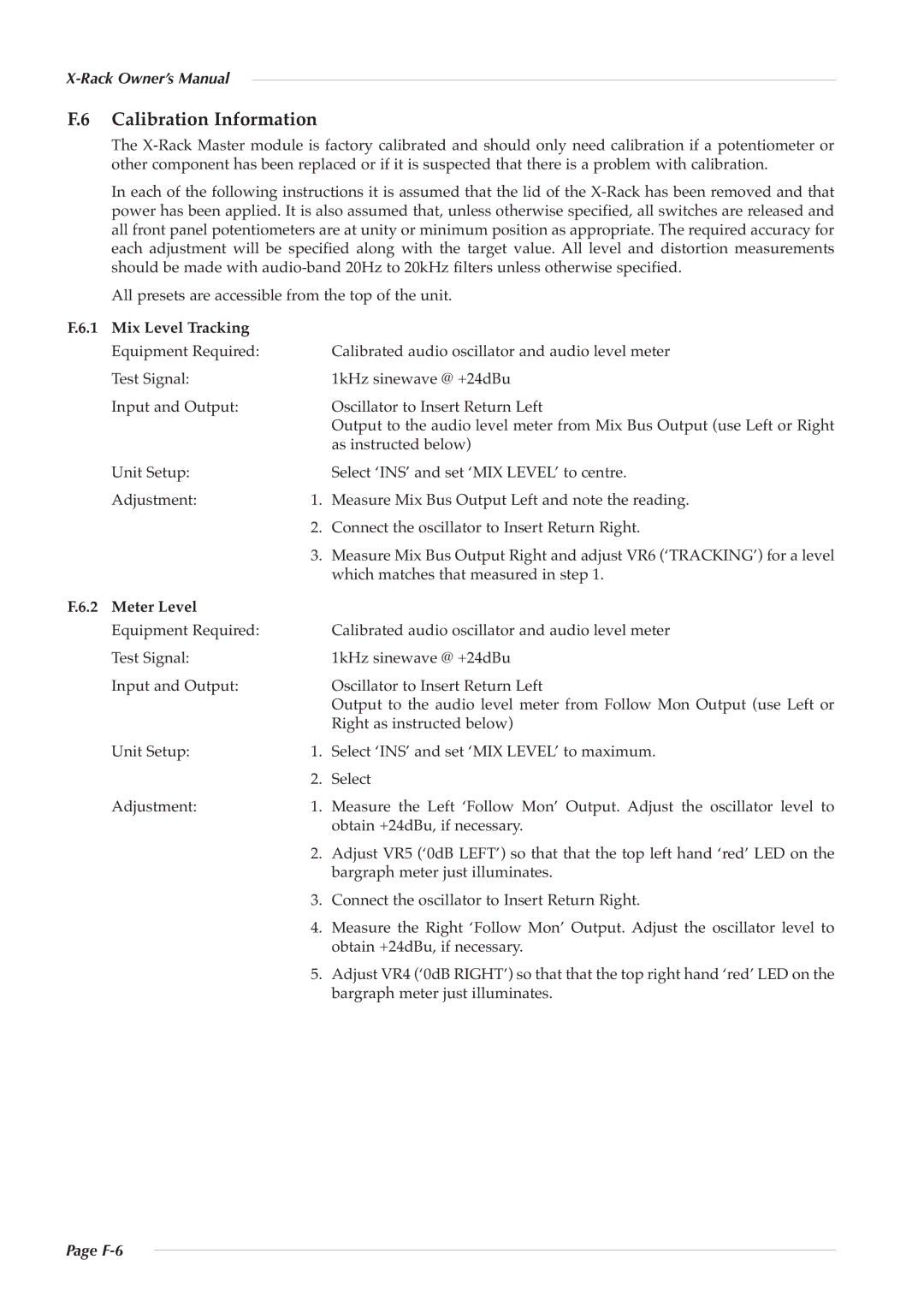 Solid State Logic XR622 owner manual Calibration Information, Mix Level Tracking, Meter Level 