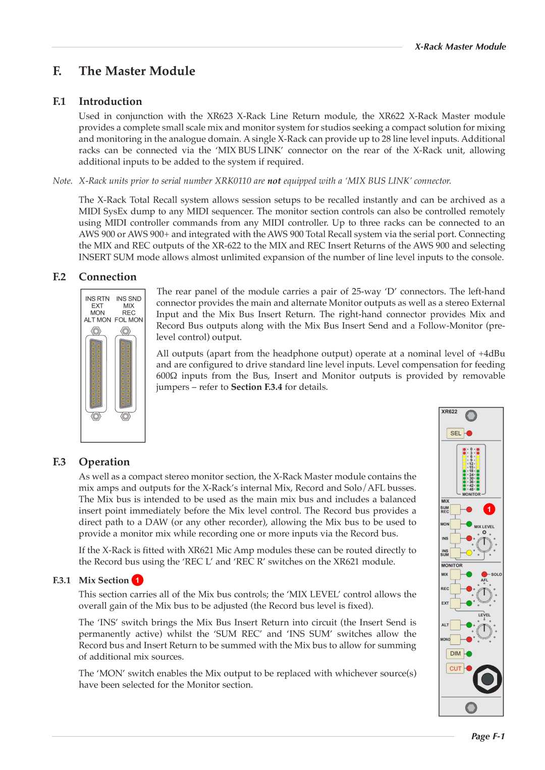 Solid State Logic XR622 owner manual Introduction, Connection, Operation, Rack Master Module, F-1 