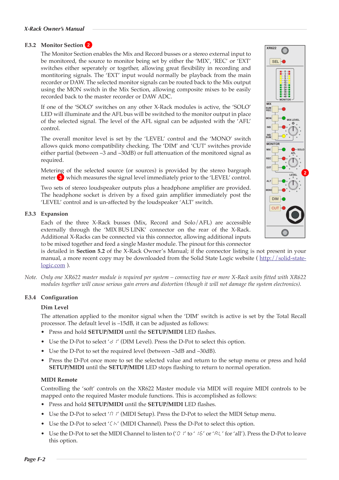 Solid State Logic XR622 owner manual Monitor Section, Expansion, Configuration Dim Level, Midi Remote, F-2 