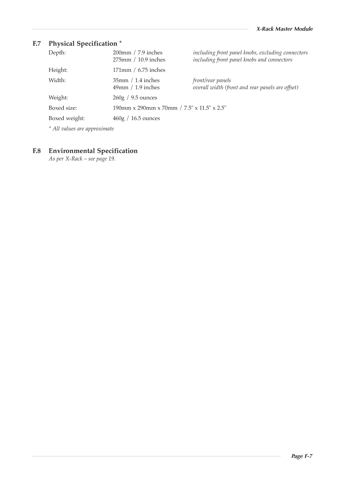 Solid State Logic XR622 owner manual Physical Specification, Environmental Specification, F-7 