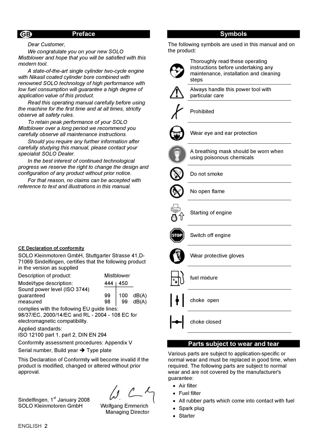 Solo USA 450, 444 manual Preface, Symbols, Parts subject to wear and tear 