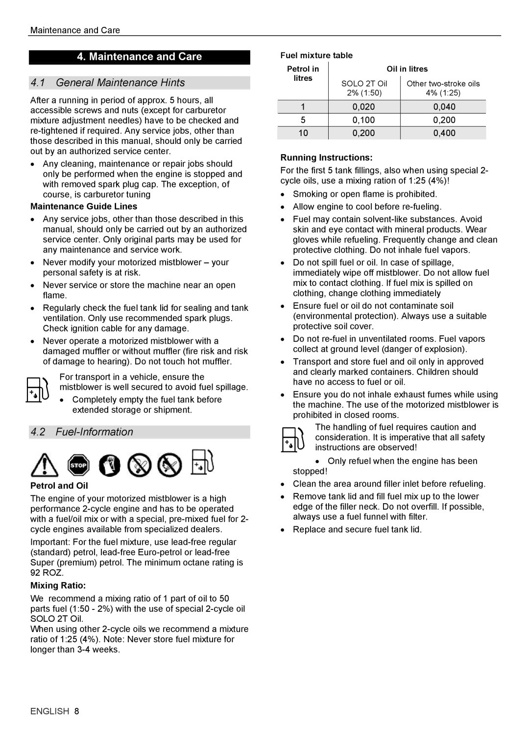 Solo USA 450, 444 manual Maintenance and Care, General Maintenance Hints, Fuel-Information 