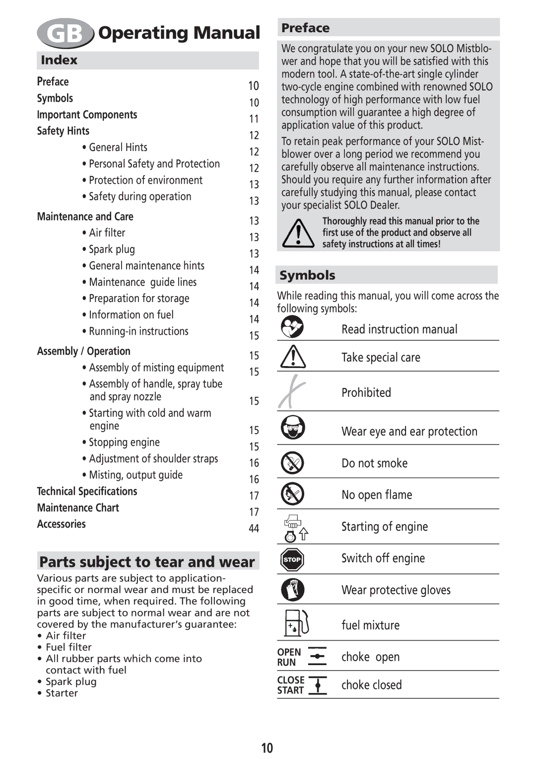 Solo USA Port 423 manual Parts subject to tear and wear 