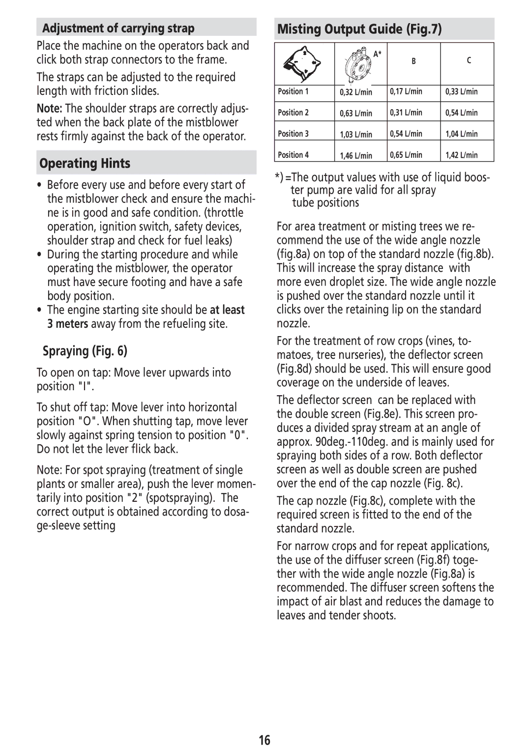 Solo USA Port 423 manual Operating Hints, Spraying Fig, Misting Output Guide, Adjustment of carrying strap 