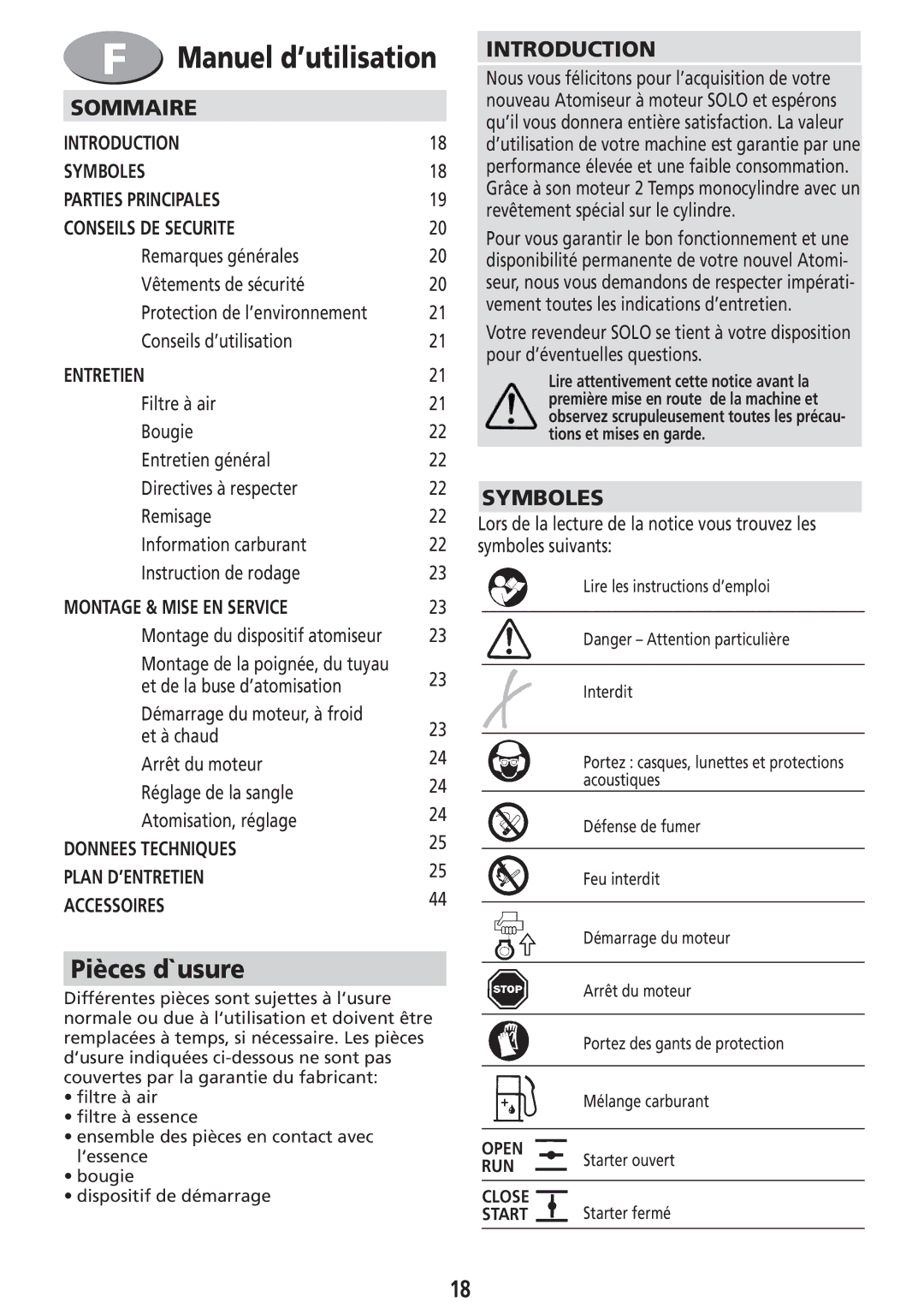 Solo USA Port 423 manual Pièces d`usure, Introduction, Sommaire 