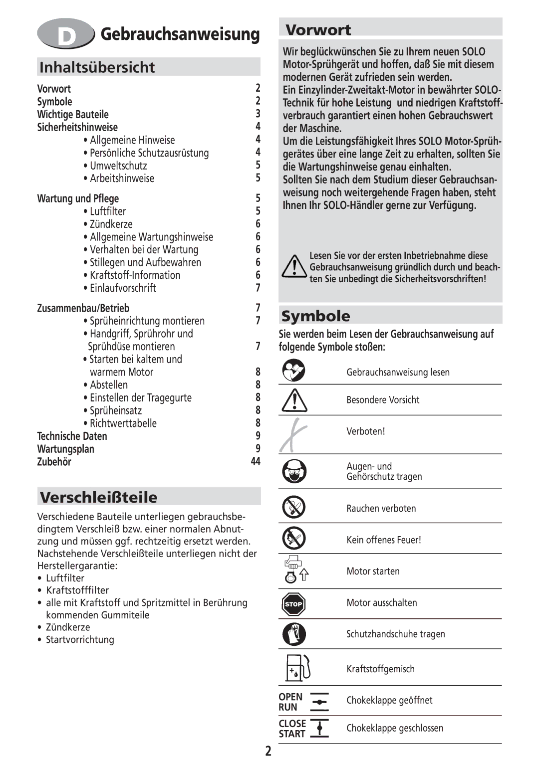 Solo USA Port 423 manual Inhaltsübersicht, Verschleißteile, Vorwort, Symbole 