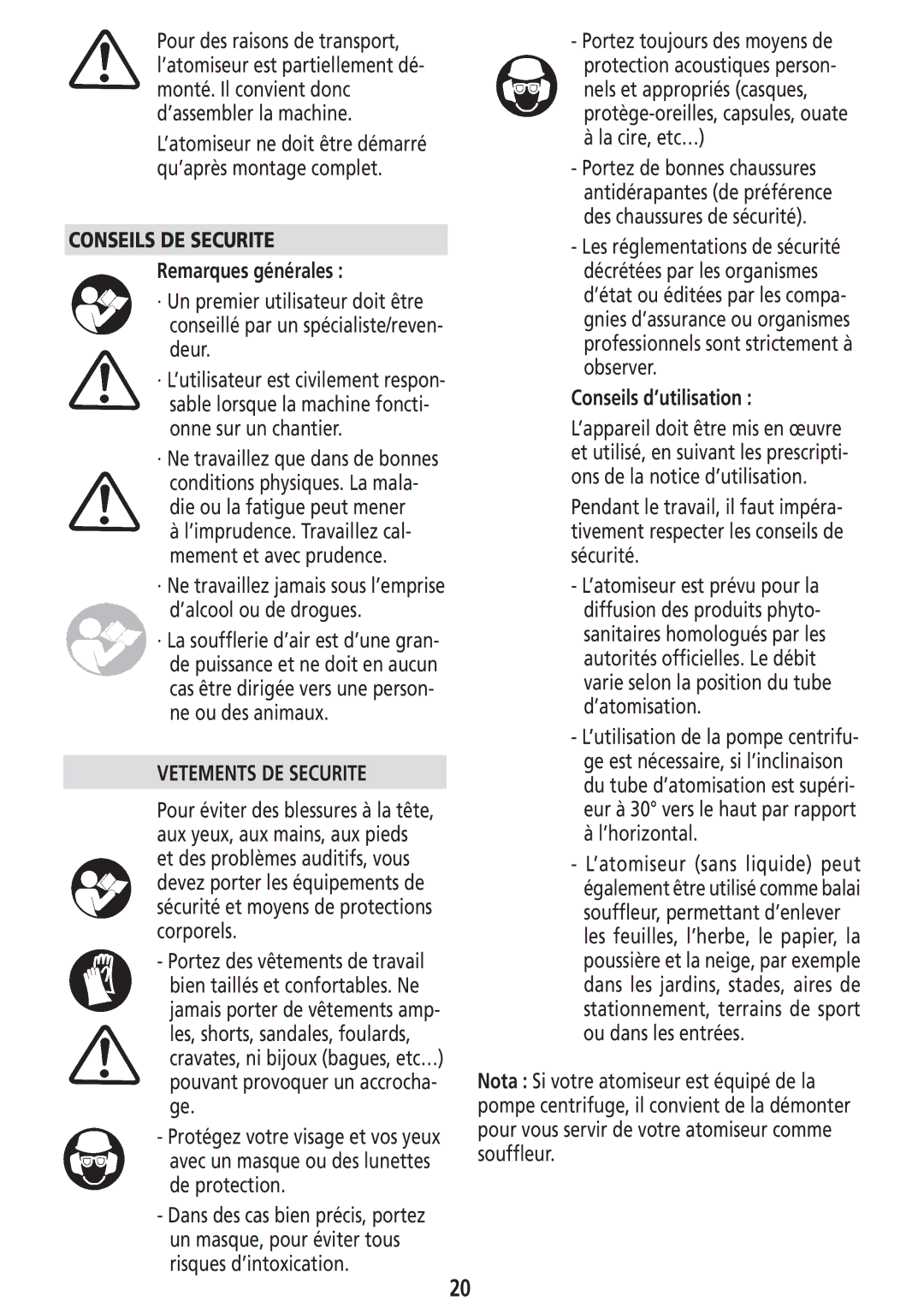 Solo USA Port 423 manual Conseils DE Securite, Remarques générales, Vetements DE Securite, Conseils d’utilisation 