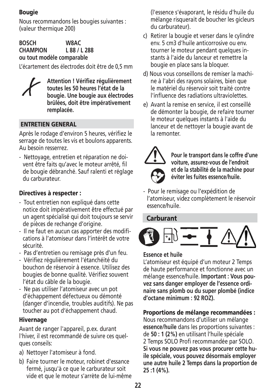 Solo USA Port 423 manual Carburant, Entretien General, Directives à respecter, Hivernage, Essence et huile 