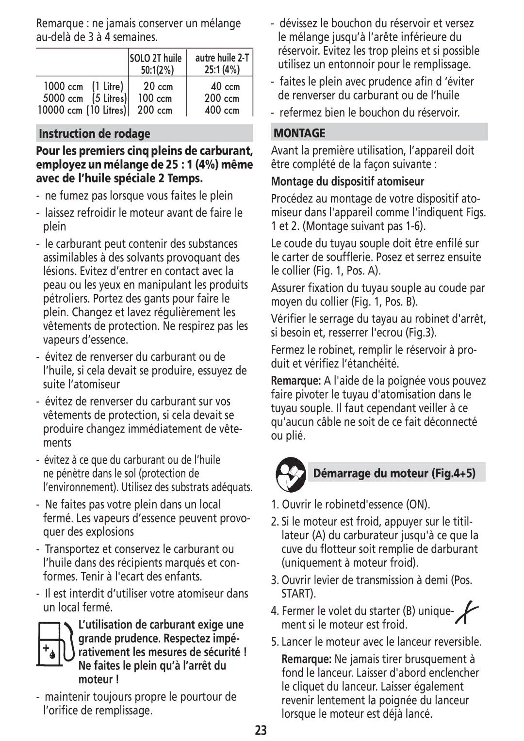 Solo USA Port 423 manual Instruction de rodage, Montage du dispositif atomiseur, Démarrage du moteur +5 